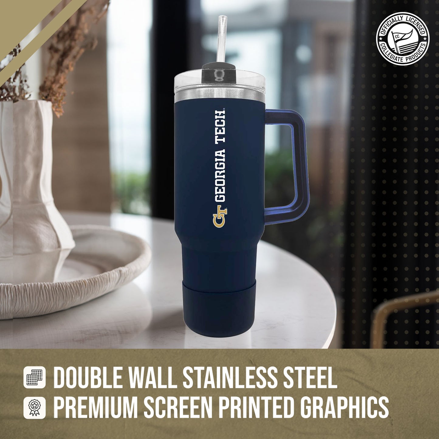 Georgia Tech Yellowjackets College & University 40 oz Travel Tumbler With Handle - Navy