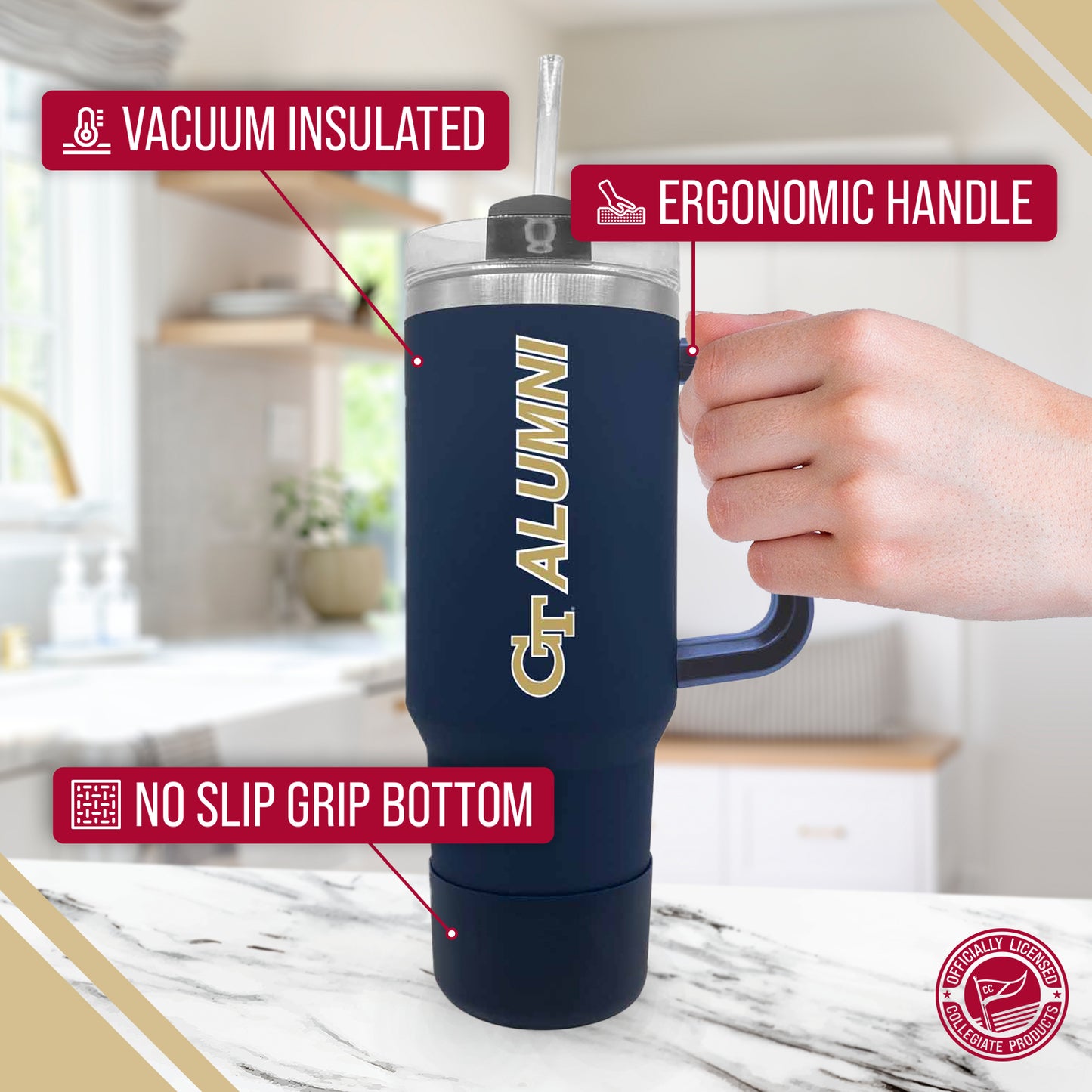 Georgia Tech Yellowjackets Collegiate 40oz Stainless Steel Travel Tumbler with Handle for Alumni - Navy