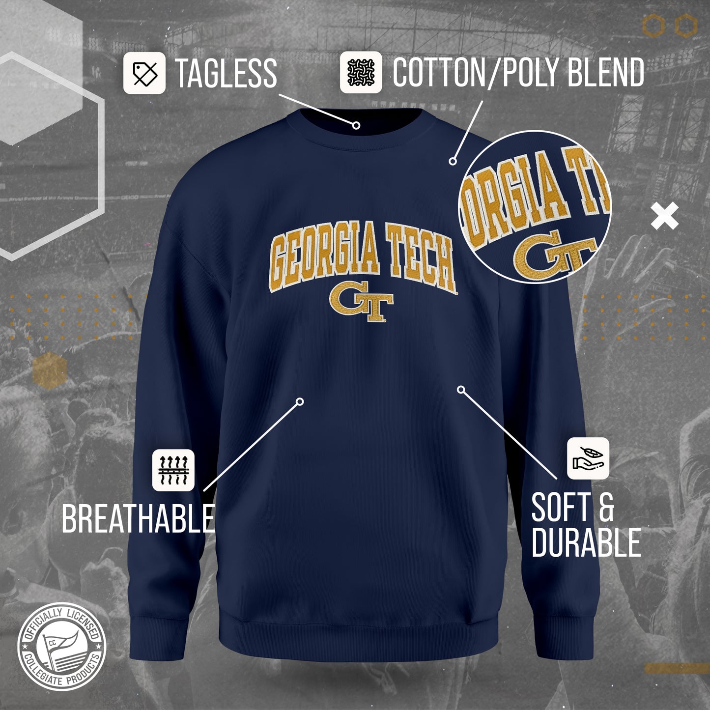 Georgia Tech Yellowjackets NCAA Adult Tackle Twill Crewneck Sweatshirt - Navy