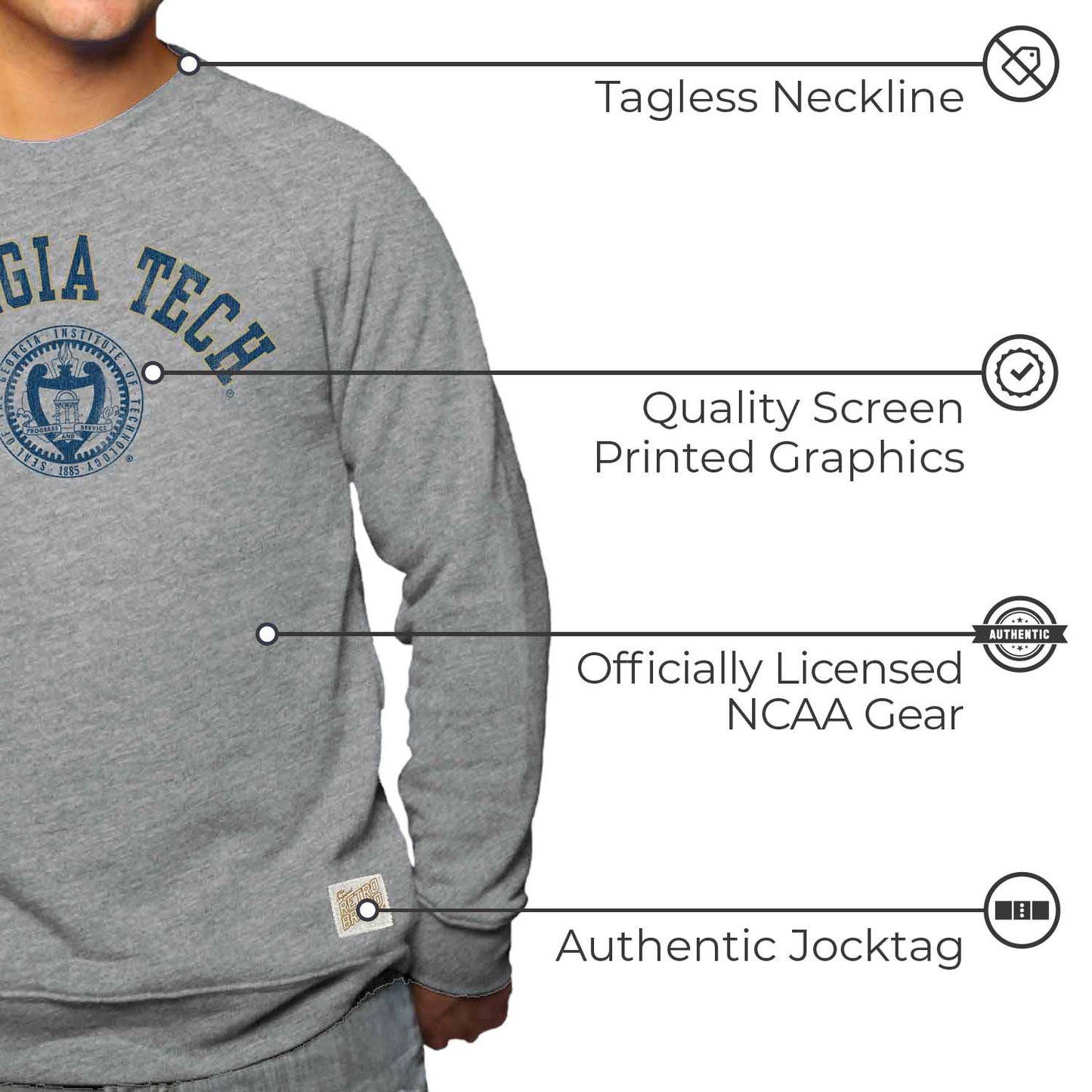 Georgia Tech Yellowjackets College Gray University Seal Crewneck Sweatshirt - Gray