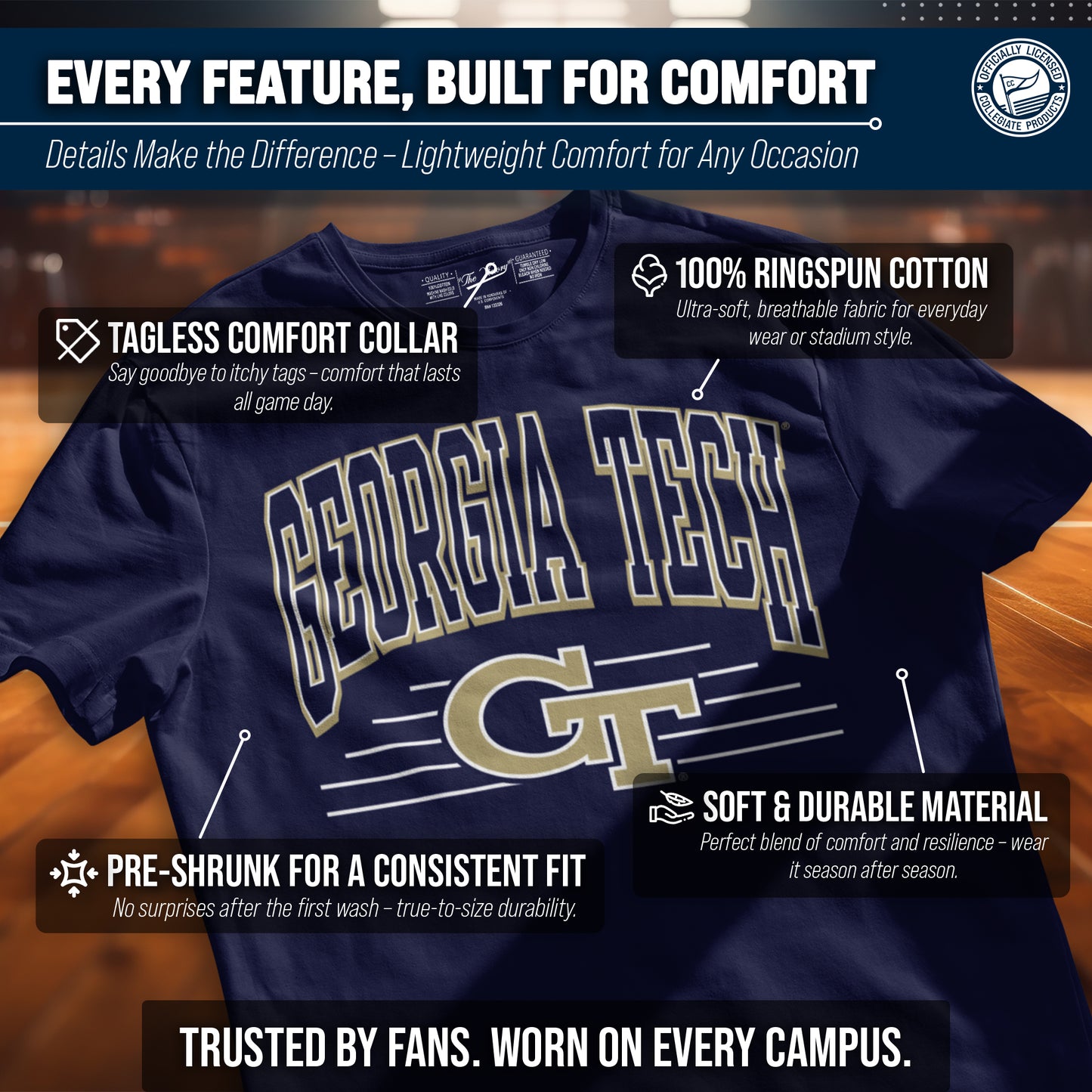 Georgia Tech Yellowjackets NCAA Adult Unisex Overtime Classics T-Shirt - Navy
