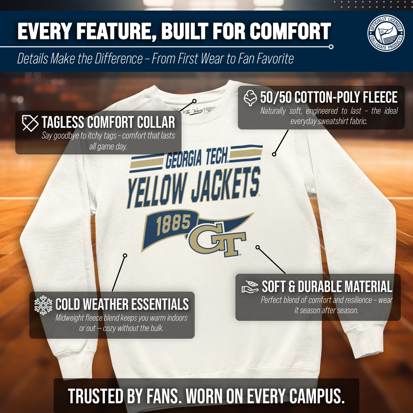 Georgia Tech Yellowjackets NCAA Adult Unisex Varsity Club Pennant Crewneck Fleece Sweatshirt - Off White