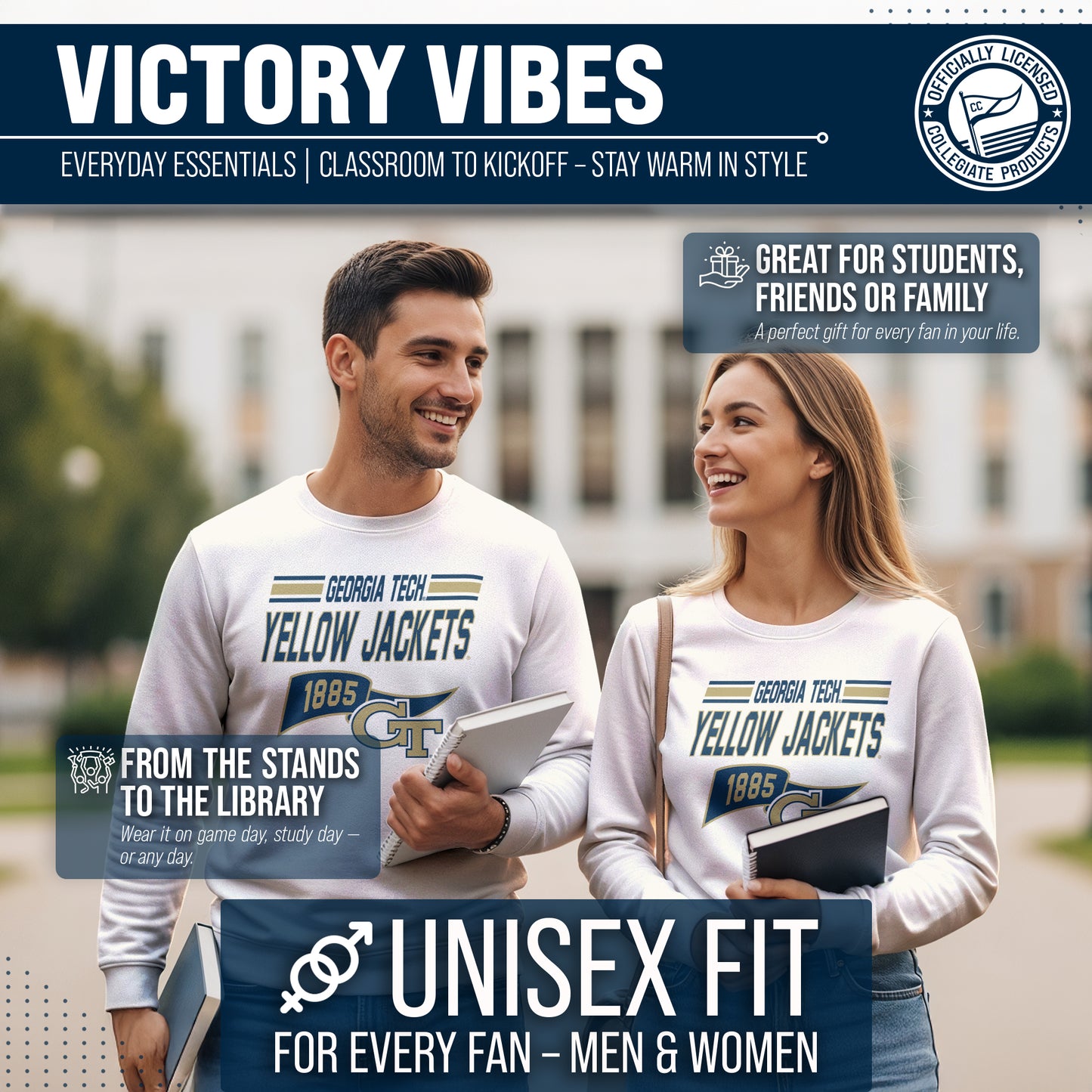 Georgia Tech Yellowjackets NCAA Adult Unisex Varsity Club Pennant Crewneck Fleece Sweatshirt - Off White