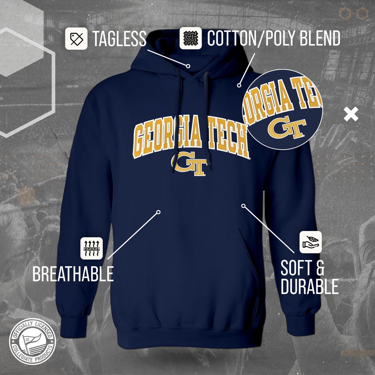 Georgia Tech Yellowjackets NCAA Adult Tackle Twill Hooded Sweatshirt - Navy