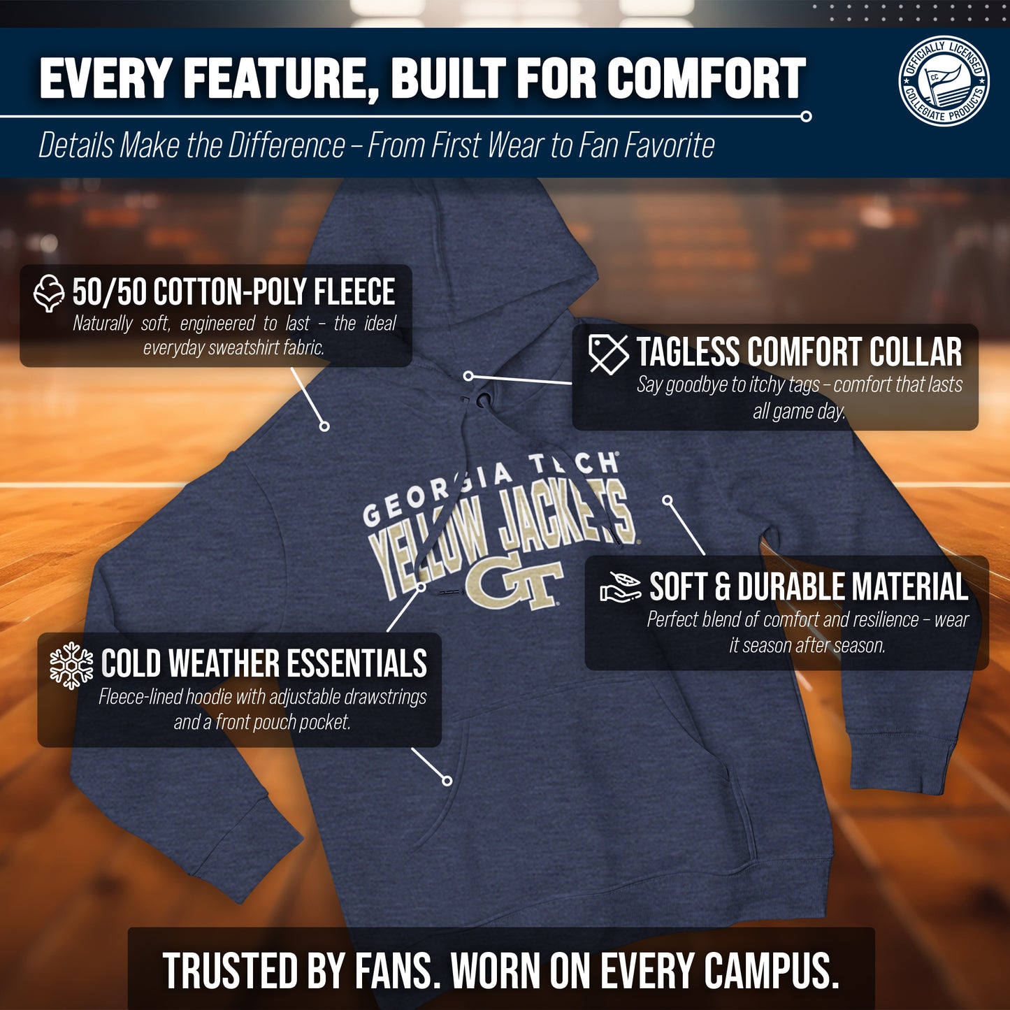Georgia Tech Yellowjackets NCAA Adult Unisex Starting Fresh Heathered Hooded Fleece Sweatshirt - Navy Heather