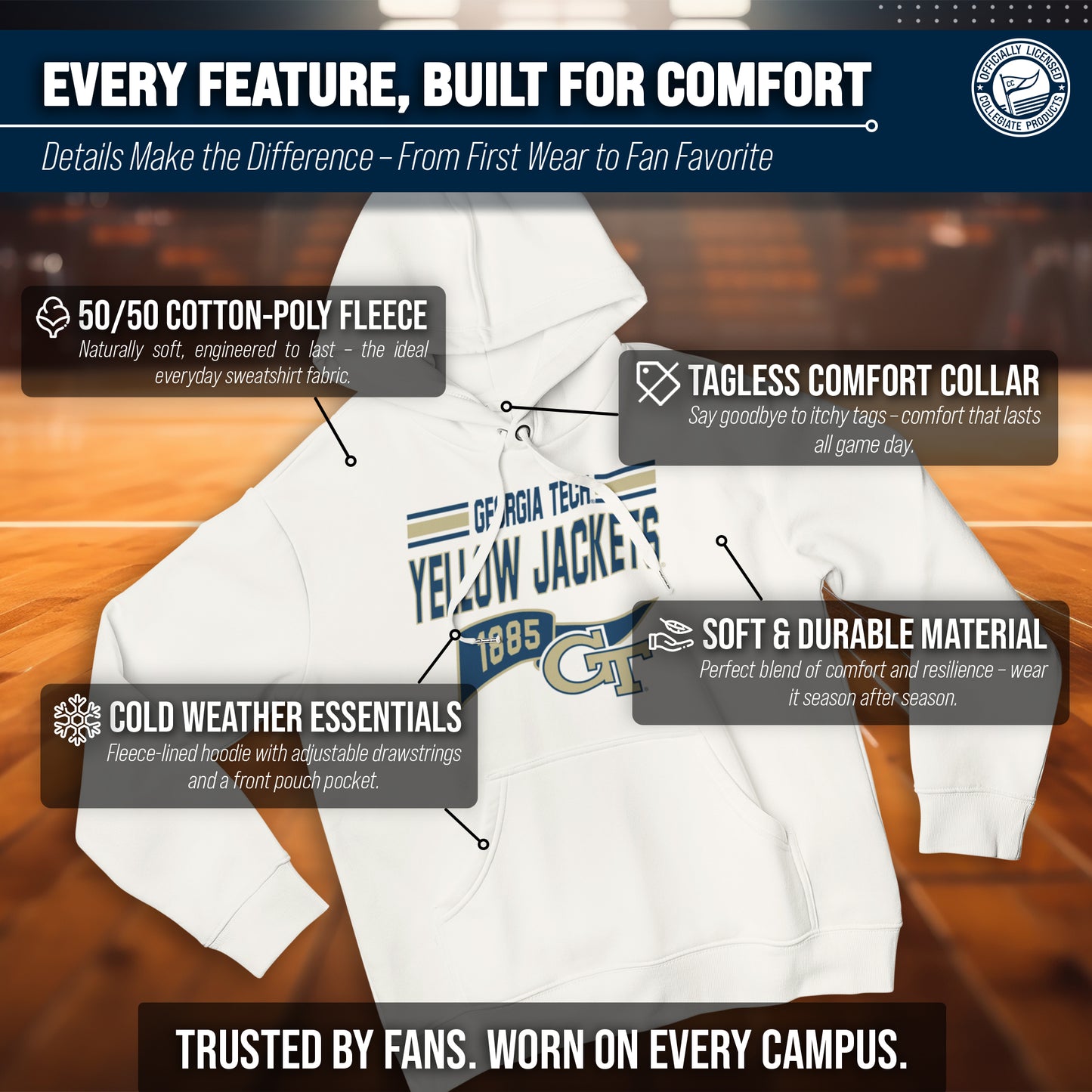 Georgia Tech Yellowjackets NCAA Adult Unisex Varsity Club Pennant Hooded Fleece Sweatshirt - Off White