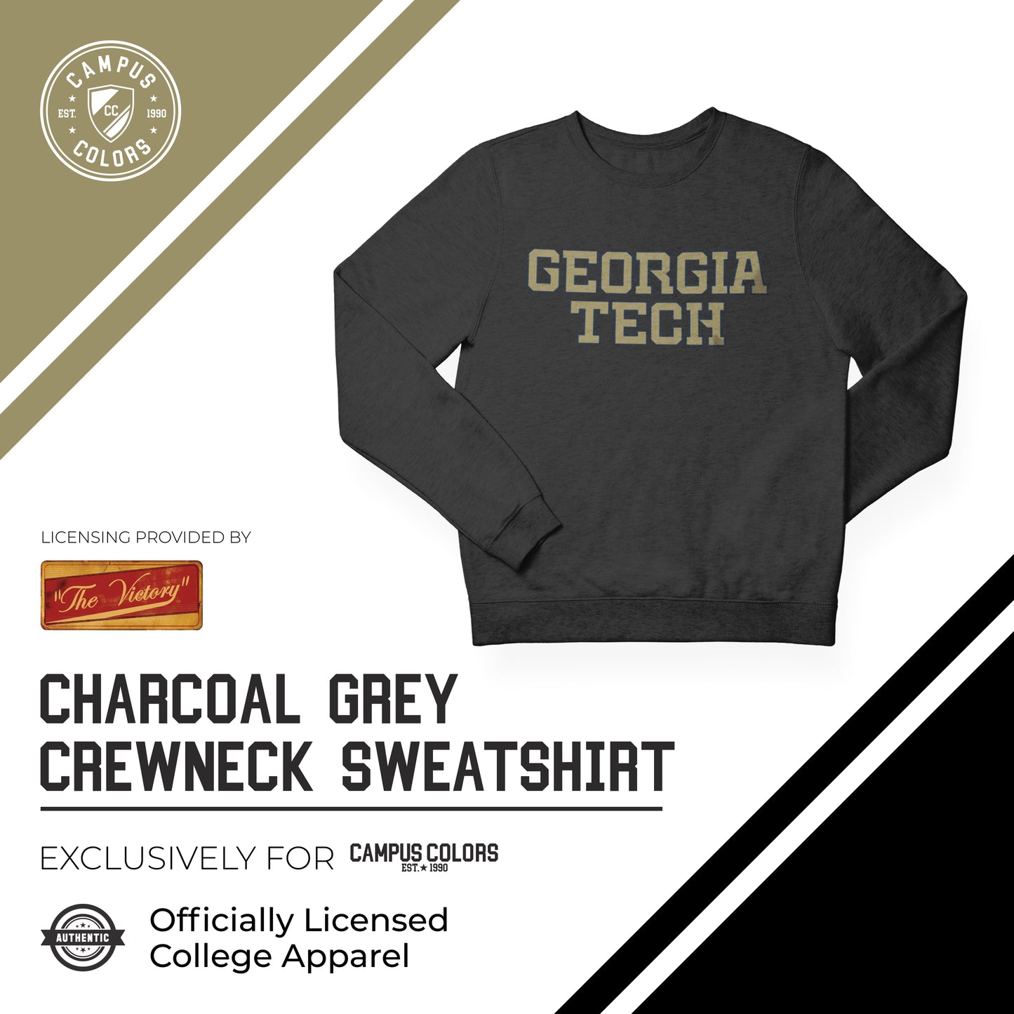 Georgia Tech Yellowjackets NCAA Adult Charcoal Crewneck Fleece Sweatshirt - Charcoal