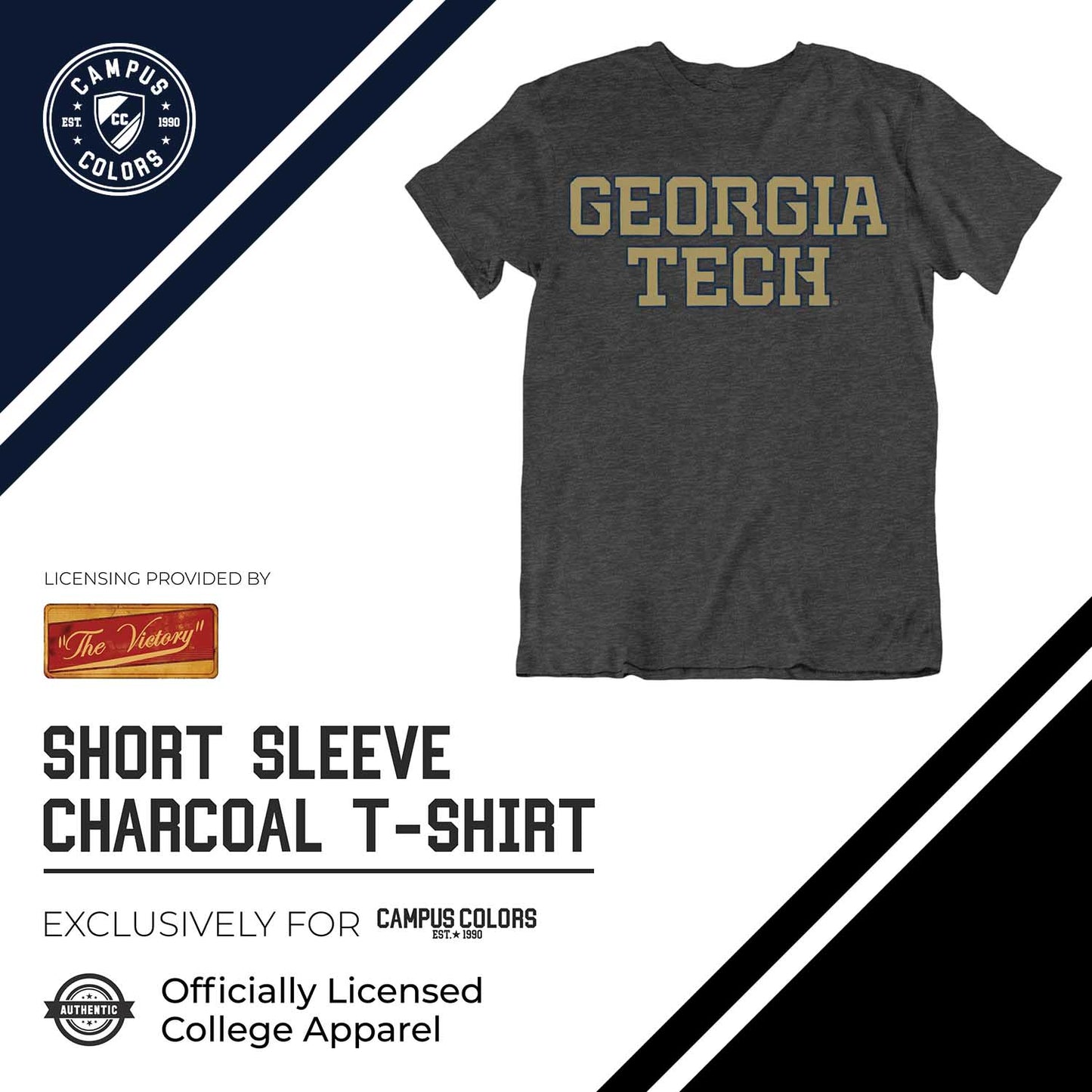 Georgia Tech Yellowjackets Campus Colors NCAA Adult Cotton Blend Charcoal Tagless T-Shirt - Charcoal