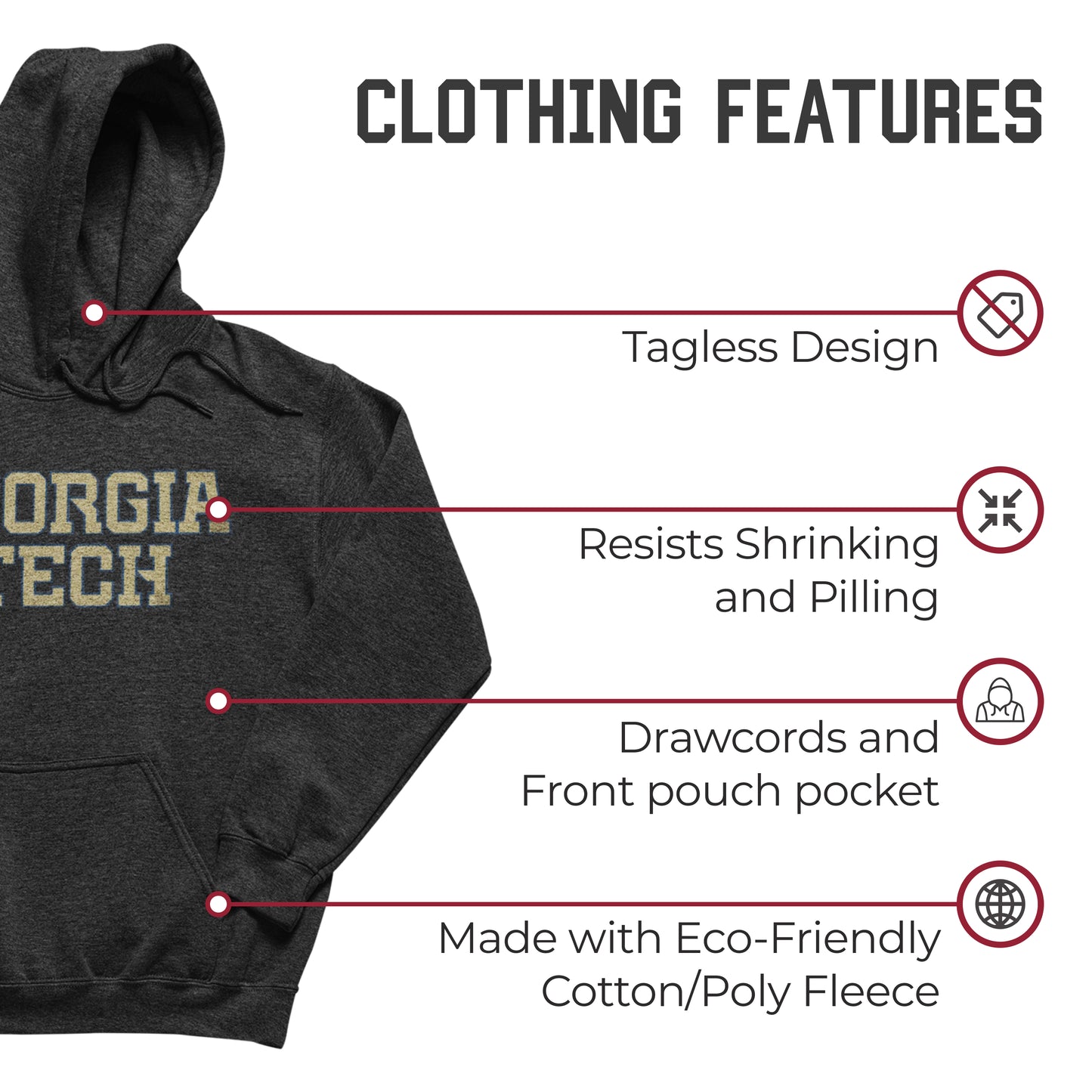 Georgia Tech Yellowjackets NCAA Adult Cotton Blend Charcoal Hooded Sweatshirt - Charcoal