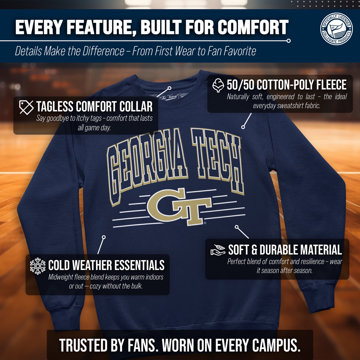 Georgia Tech Yellowjackets NCAA Adult Unisex Overtime Classics Crewneck Fleece Sweatshirt - Navy