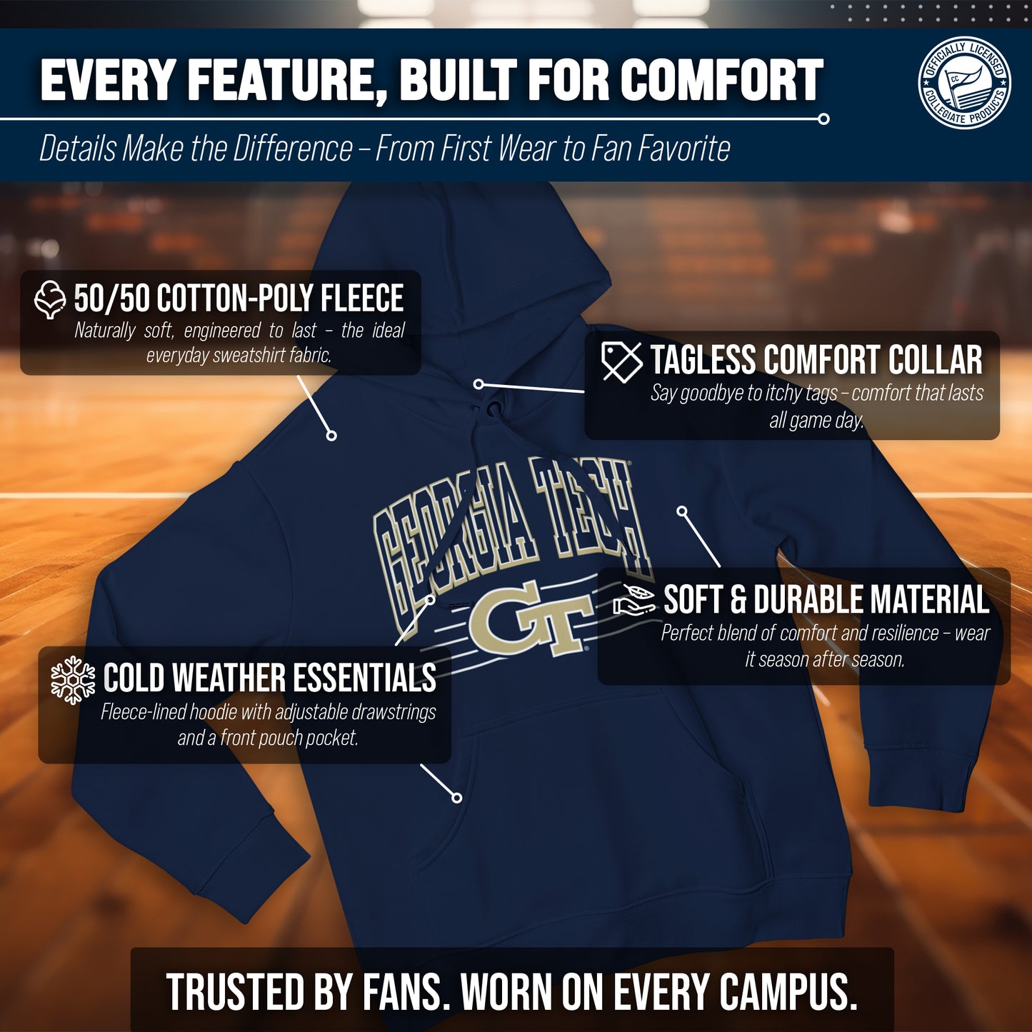 Georgia Tech Yellowjackets NCAA Adult Unisex Overtime Classics Hooded Fleece Sweatshirt - Navy