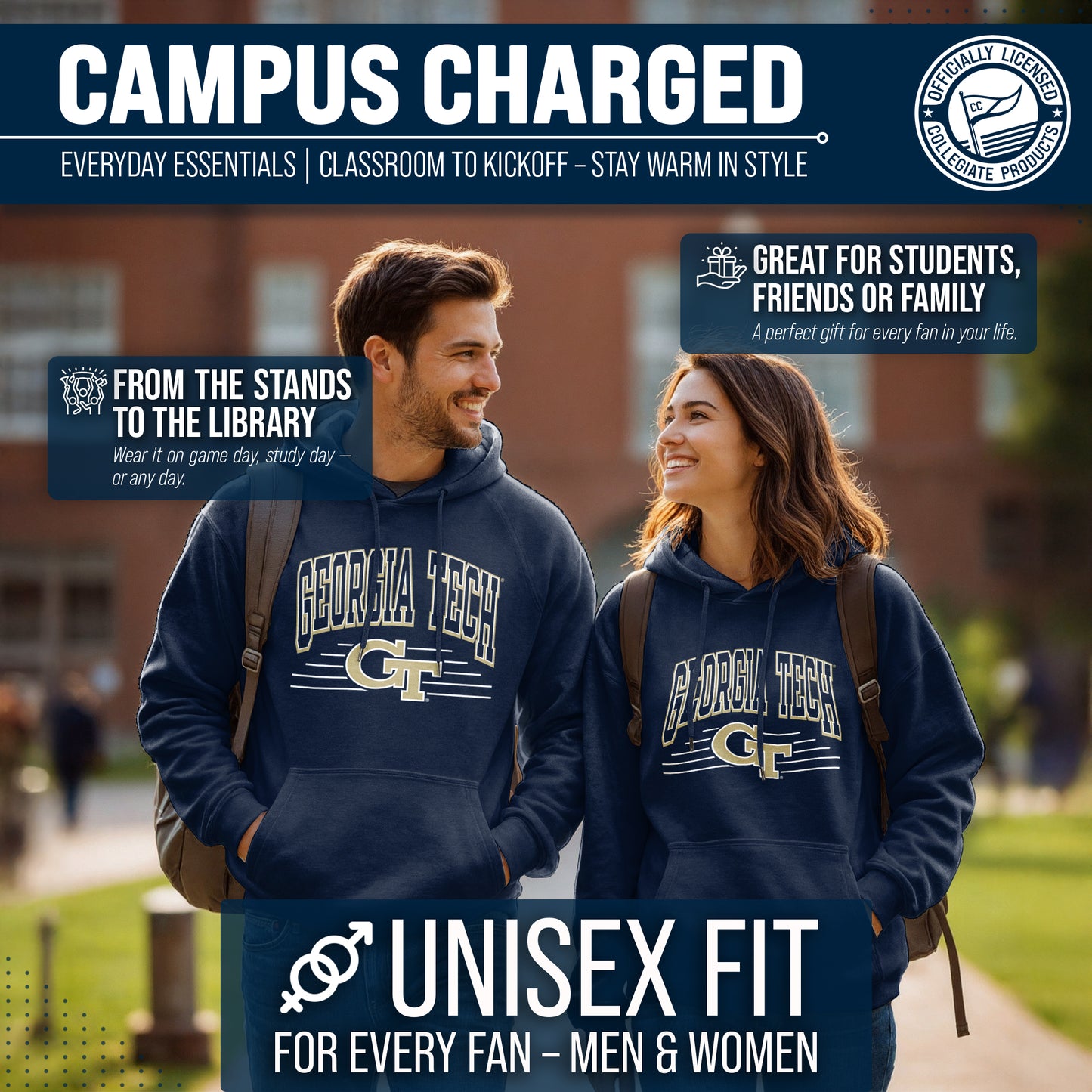 Georgia Tech Yellowjackets NCAA Adult Unisex Overtime Classics Hooded Fleece Sweatshirt - Navy
