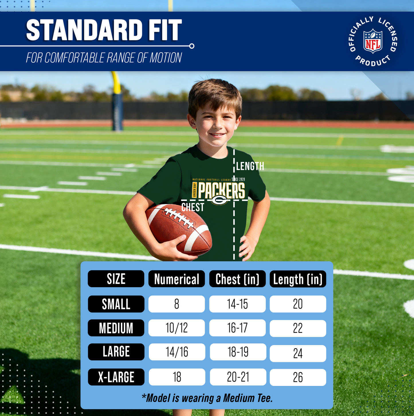 Green Bay Packers NFL Youth Modern Endzone Football T-Shirt Unisex Tag Free Comfortable - Forest Green