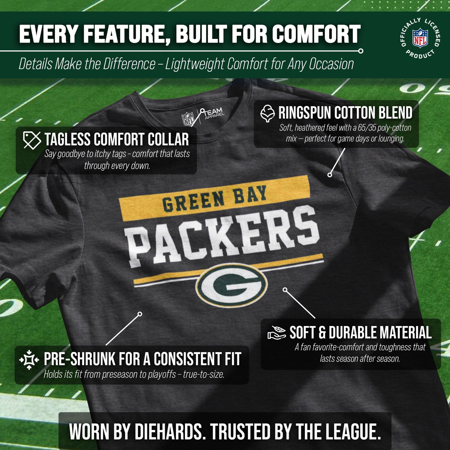 Green Bay Packers NFL Adult Team Block Tagless T-Shirt - Charcoal