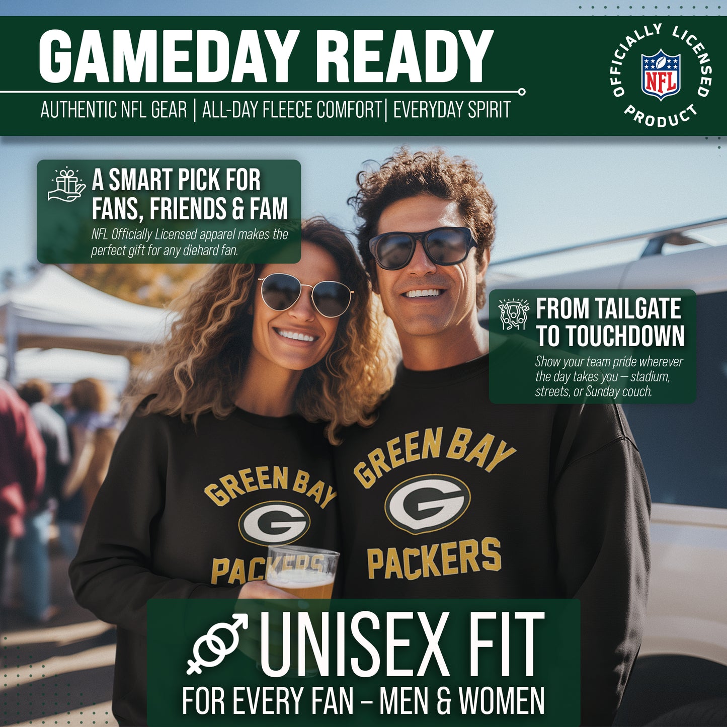 Green Bay Packers NFL Adult Gameday Football Crewneck Sweatshirt - Black