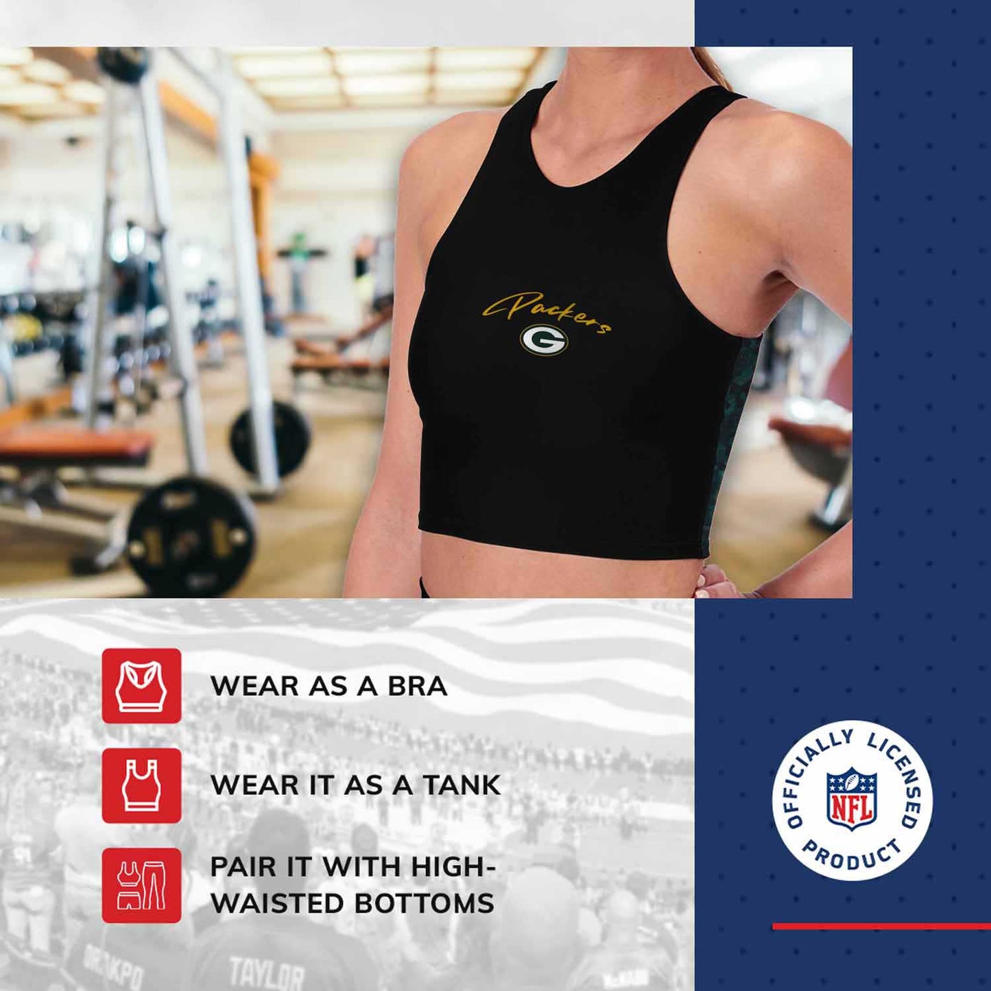 Green Bay Packers NFL Women's Sports Bra Activewear - Black