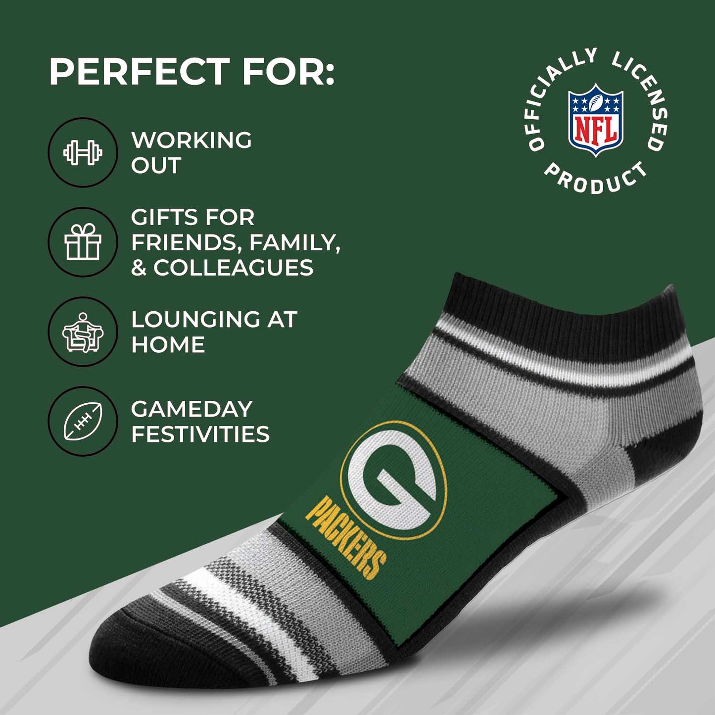 Green Bay Packers Adult Marquis Addition No Show Socks - Green