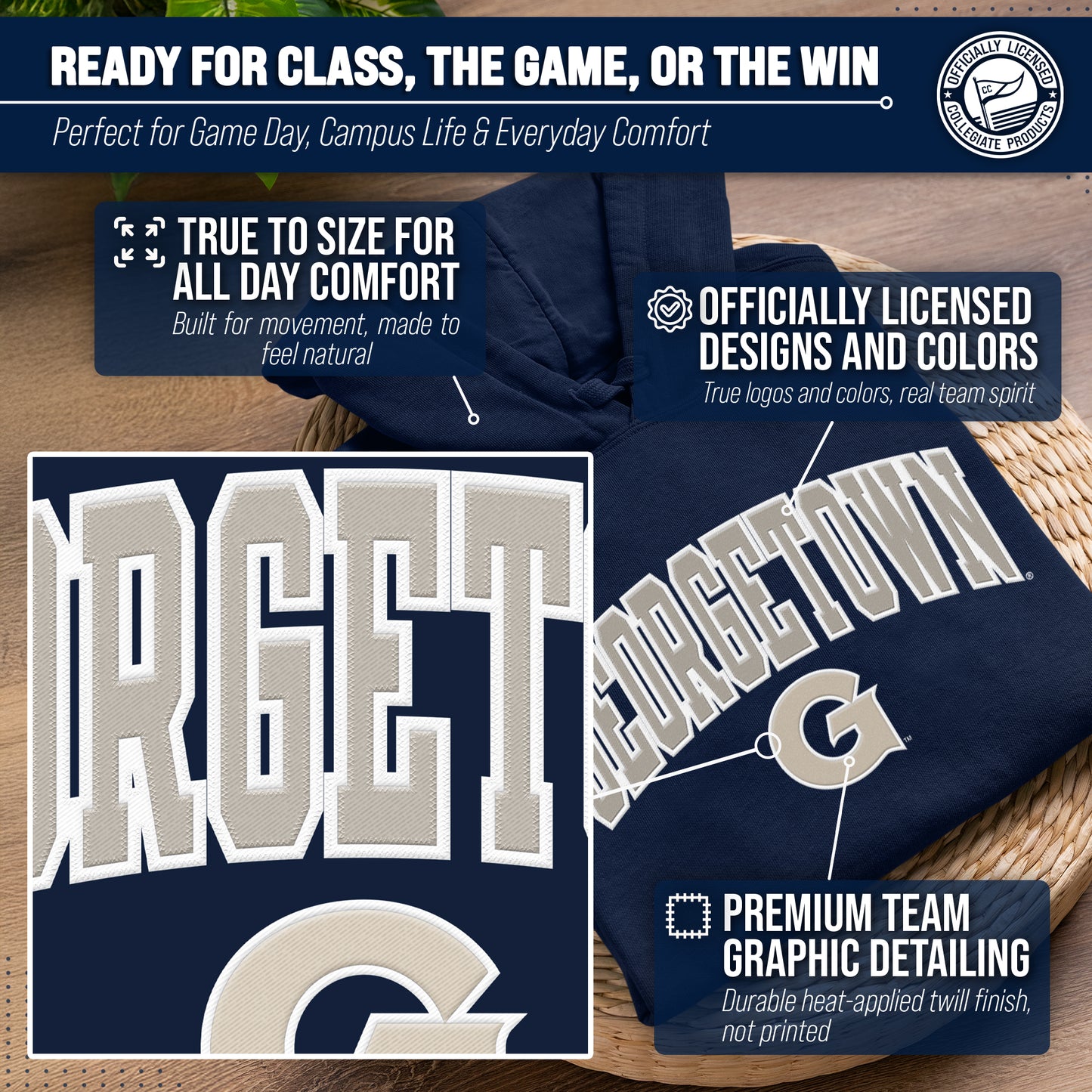 Georgetown Hoyas NCAA Adult Tackle Twill Hooded Sweatshirt - Navy