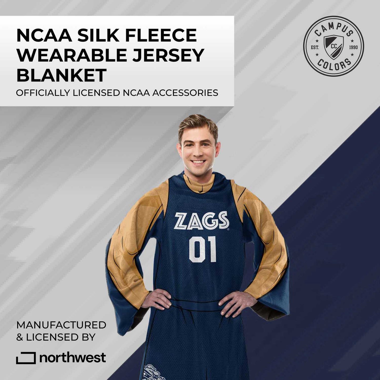Gonzaga Bulldogs NCAA Team Wearable Blanket with Sleeves - Navy