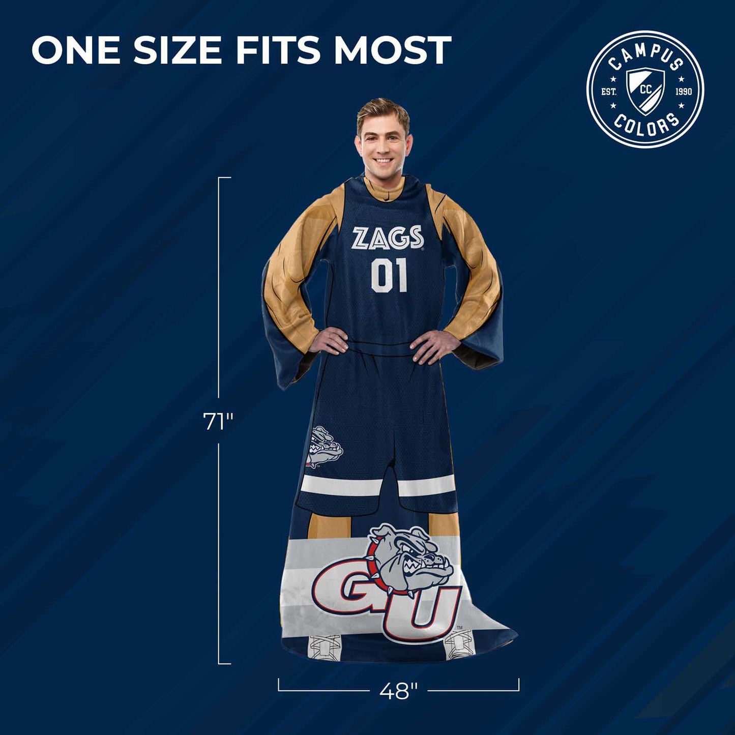 Gonzaga Bulldogs NCAA Team Wearable Blanket with Sleeves - Navy
