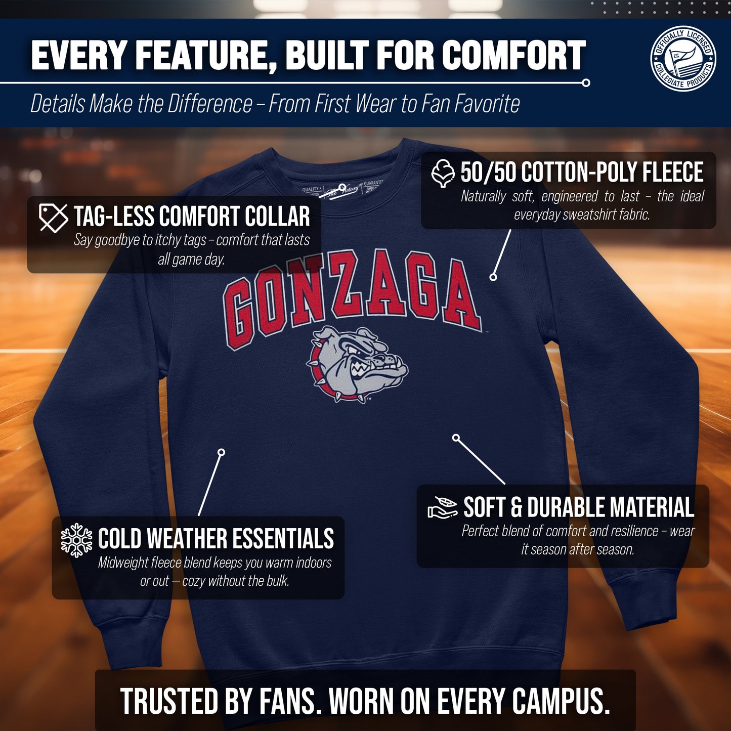 Gonzaga Bulldogs Campus Colors Adult Arch & Logo Soft Style Gameday Crewneck Sweatshirt - Navy