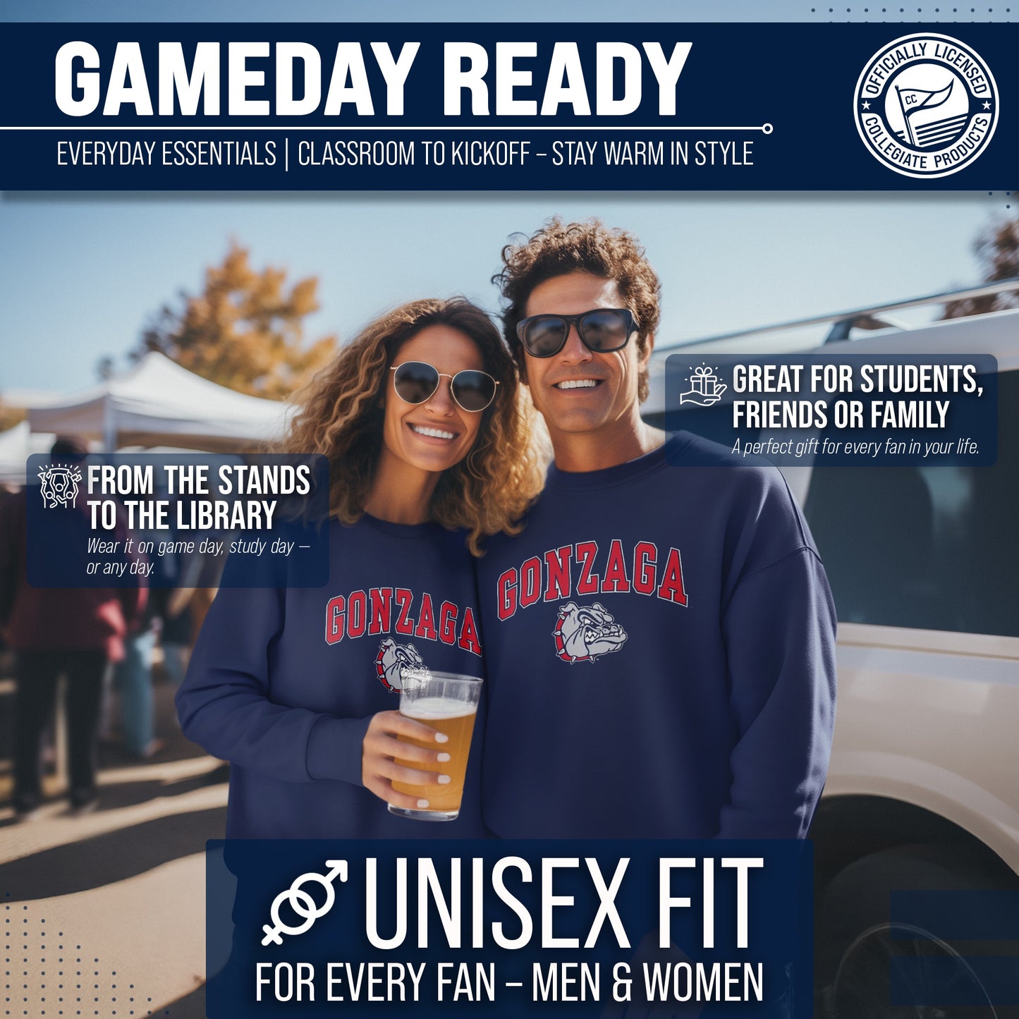 Gonzaga Bulldogs Campus Colors Adult Arch & Logo Soft Style Gameday Crewneck Sweatshirt - Navy
