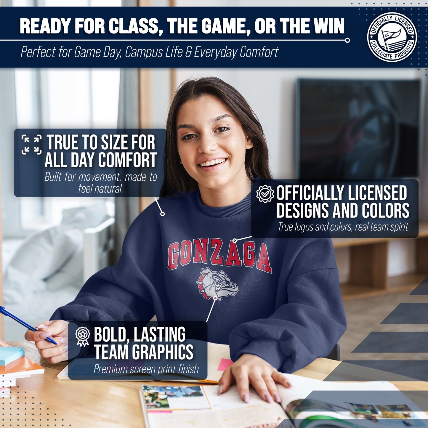 Gonzaga Bulldogs Campus Colors Adult Arch & Logo Soft Style Gameday Crewneck Sweatshirt - Navy