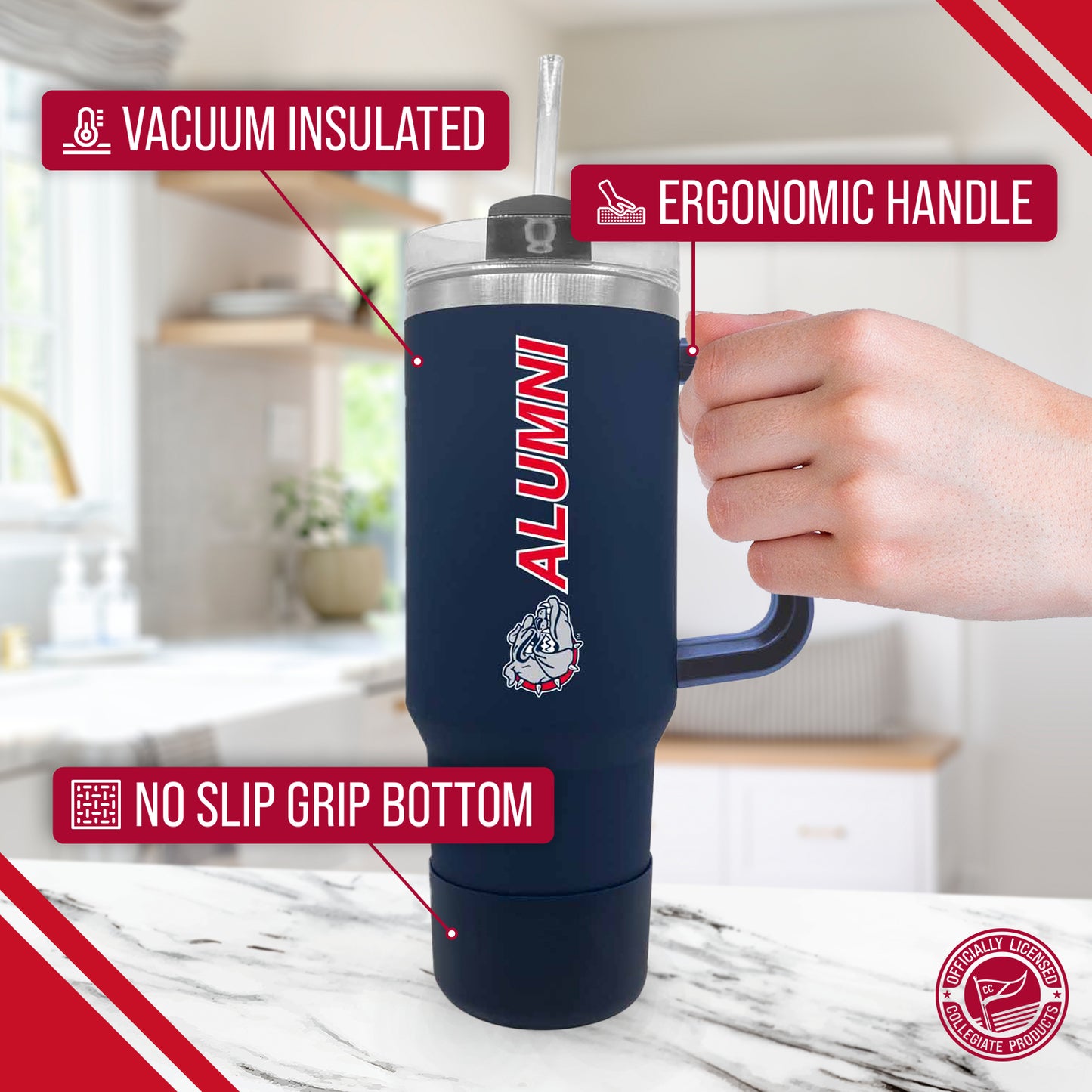Gonzaga Bulldogs Collegiate 40oz Stainless Steel Travel Tumbler with Handle for Alumni - Navy