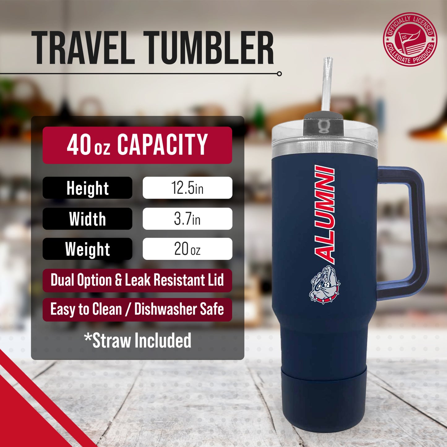 Gonzaga Bulldogs Collegiate 40oz Stainless Steel Travel Tumbler with Handle for Alumni - Navy