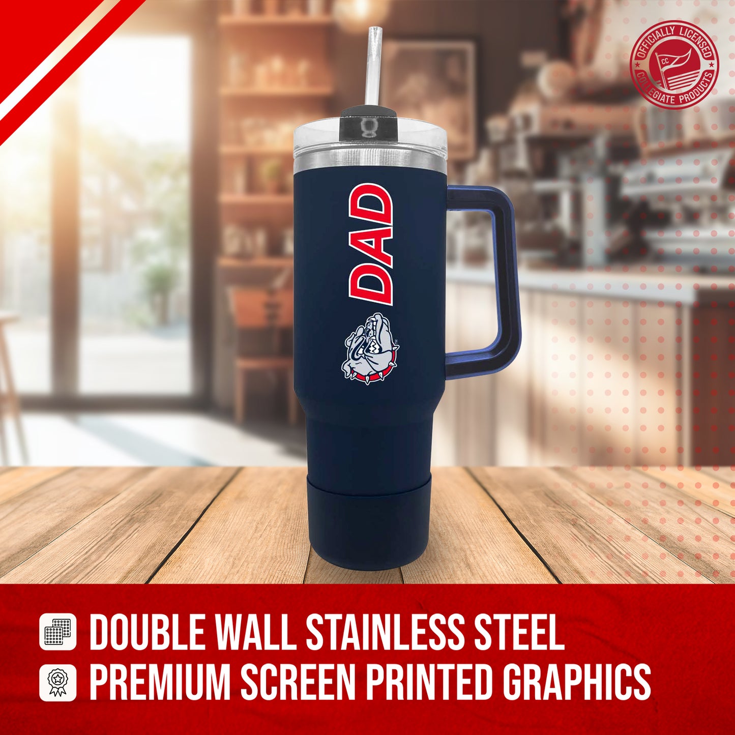 Gonzaga Bulldogs Collegiate 40oz Stainless Steel Travel Tumbler with Handle for Dad - Navy