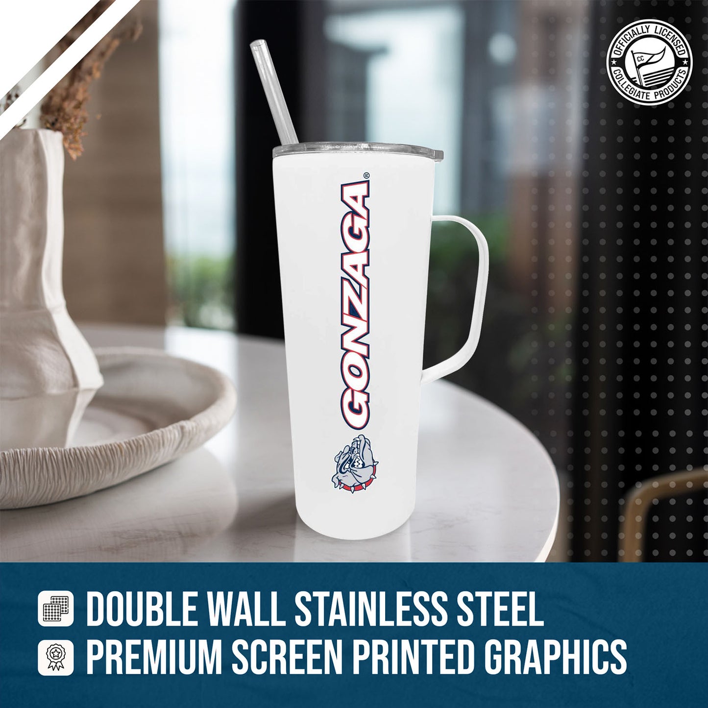 Gonzaga Bulldogs NCAA Stainless Steel 20oz Roadie With Handle & Dual Option Lid With Straw - White