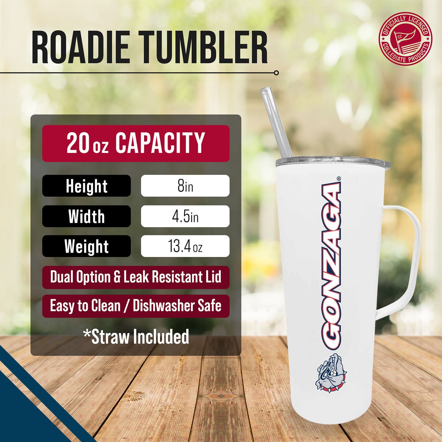 Gonzaga Bulldogs NCAA Stainless Steel 20oz Roadie With Handle & Dual Option Lid With Straw - White