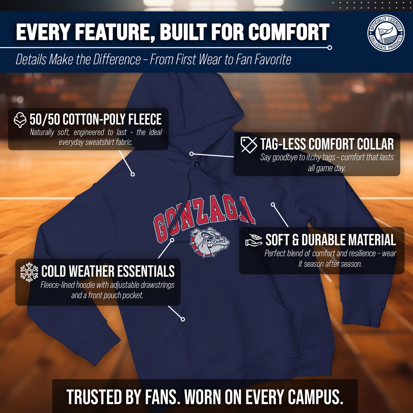 Gonzaga Bulldogs Campus Colors Adult Arch & Logo Soft Style Gameday Hooded Sweatshirt - Navy