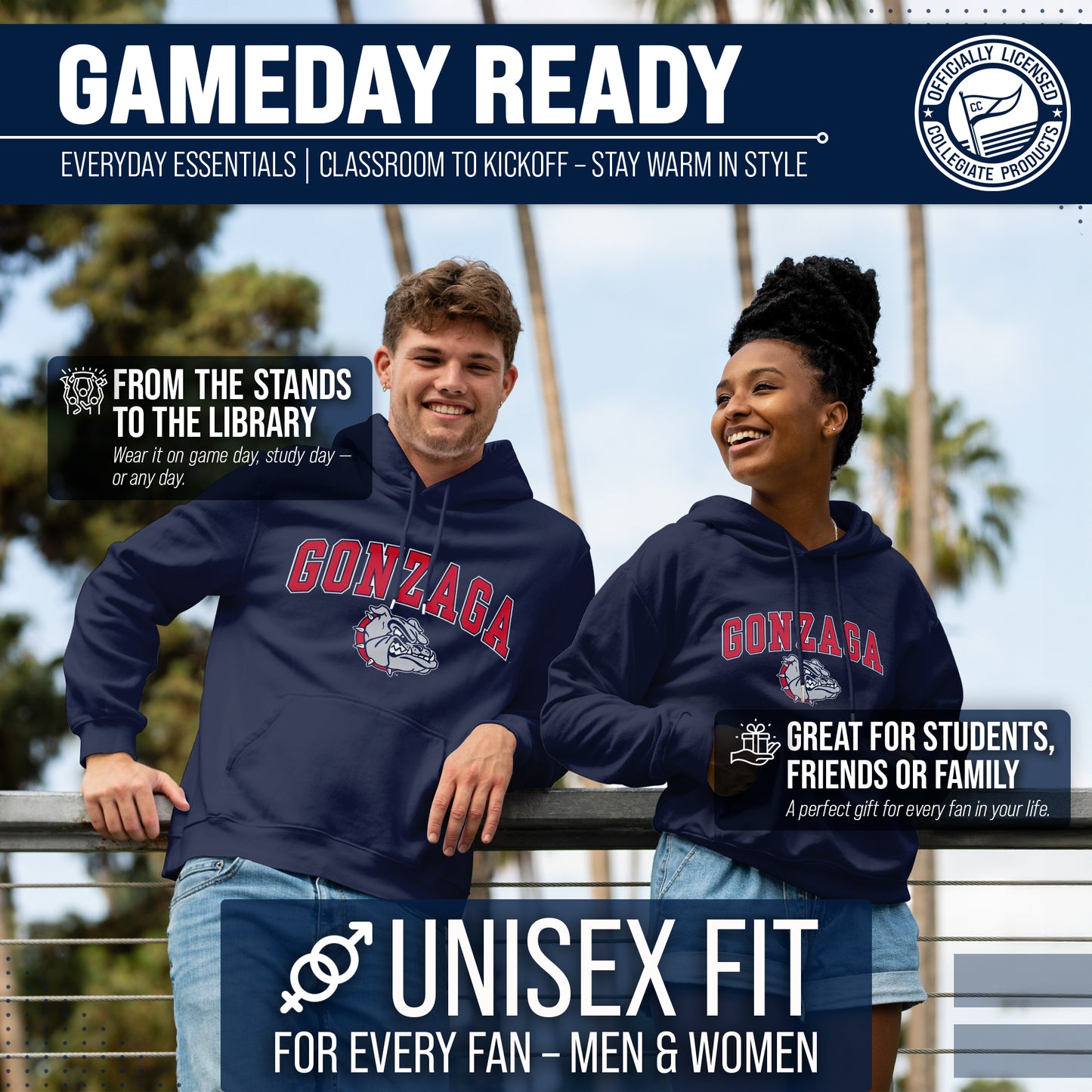 Gonzaga Bulldogs Campus Colors Adult Arch & Logo Soft Style Gameday Hooded Sweatshirt - Navy