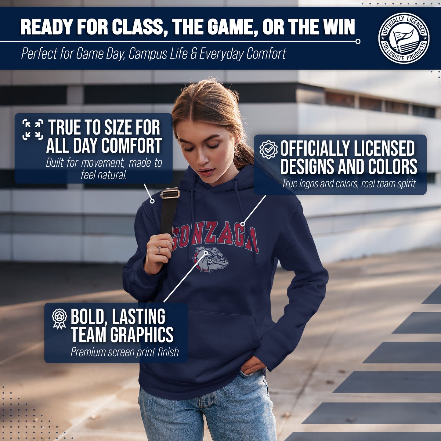 Gonzaga Bulldogs Campus Colors Adult Arch & Logo Soft Style Gameday Hooded Sweatshirt - Navy