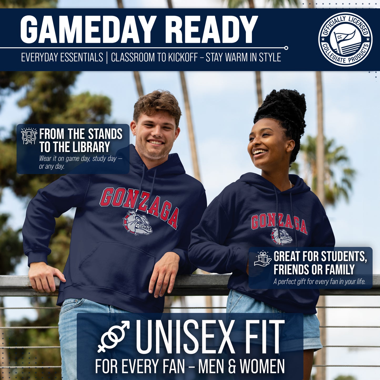 Gonzaga Bulldogs Campus Colors Adult Arch & Logo Soft Style Gameday Hooded Sweatshirt - Navy