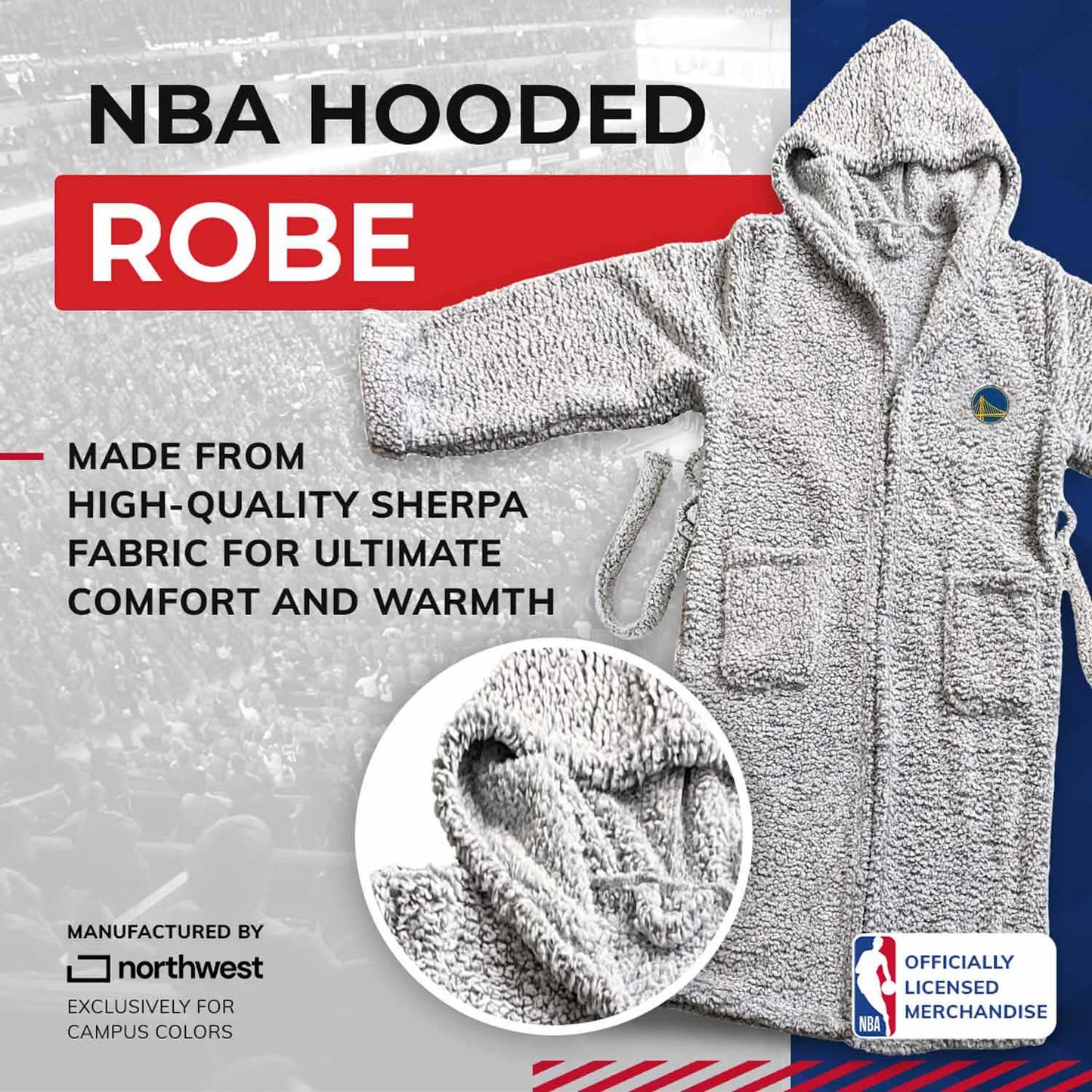 Golden State Warriors NBA Adult Plush Hooded Robe with Pockets - Gray