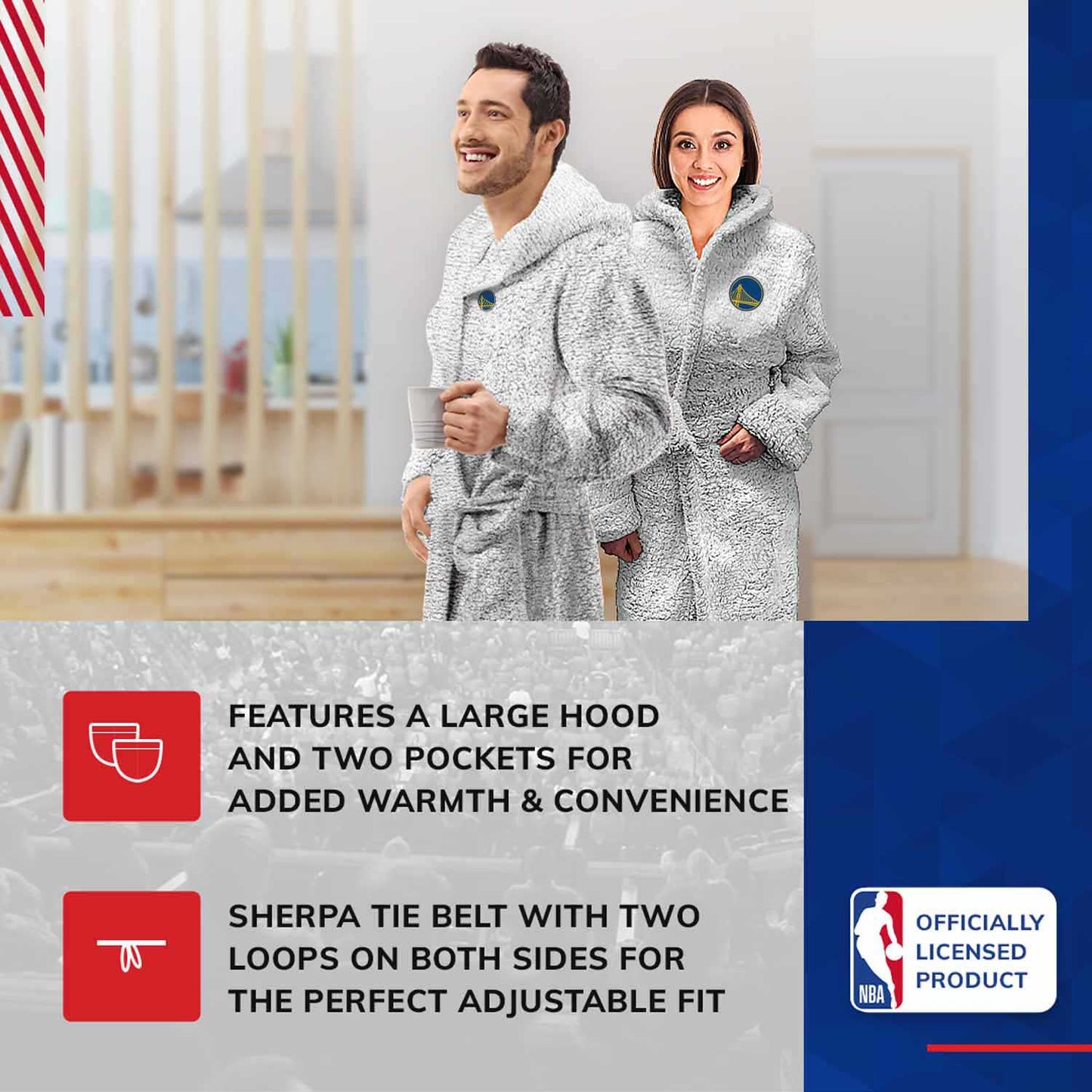 Golden State Warriors NBA Adult Plush Hooded Robe with Pockets - Gray