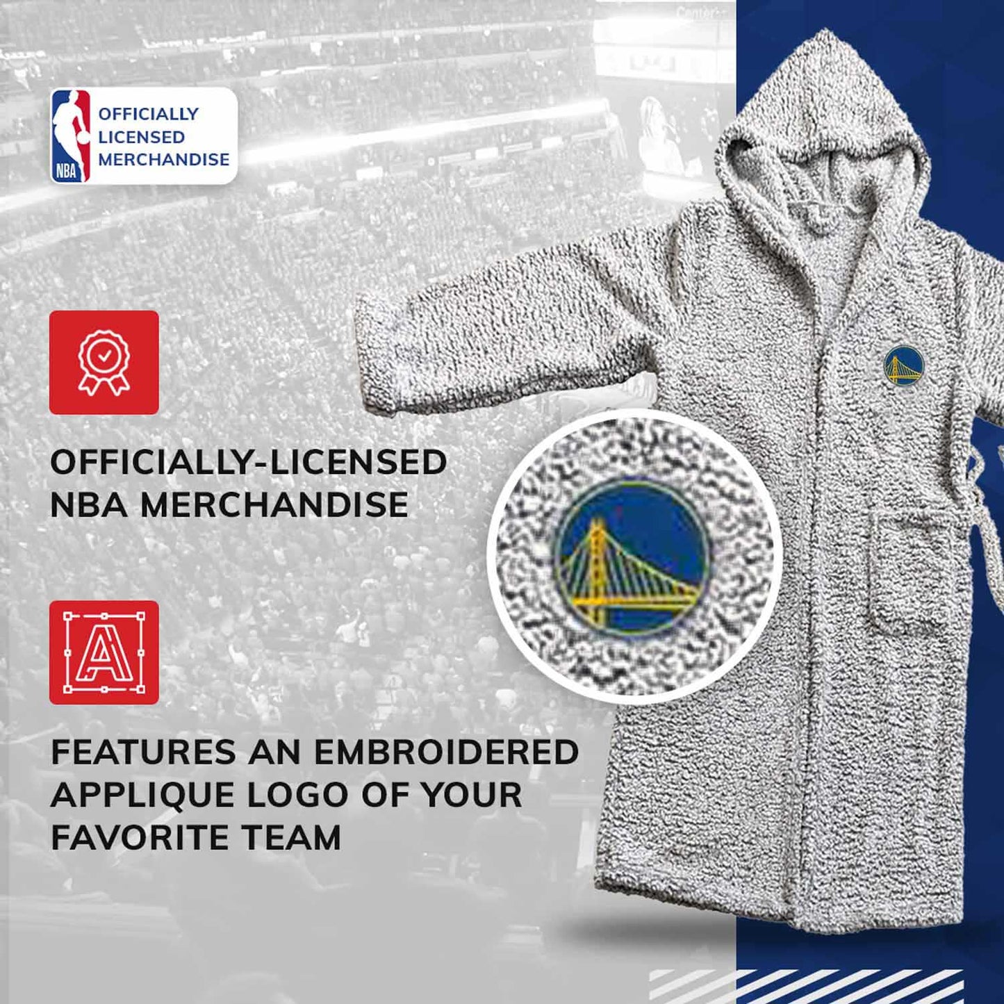 Golden State Warriors NBA Adult Plush Hooded Robe with Pockets - Gray