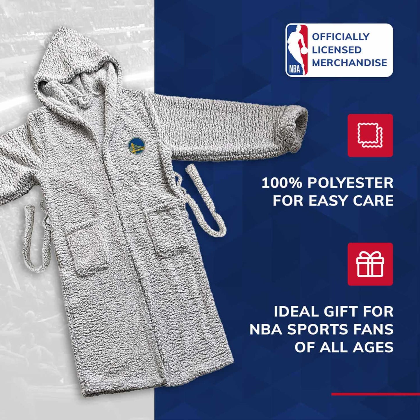 Golden State Warriors NBA Adult Plush Hooded Robe with Pockets - Gray