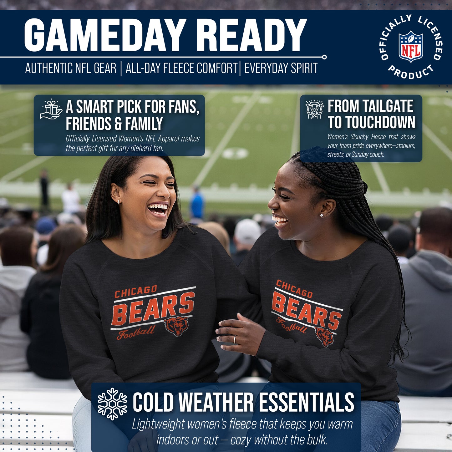 Chicago Bears NFL Womens Crew Neck Light Weight - Heather Charcoal