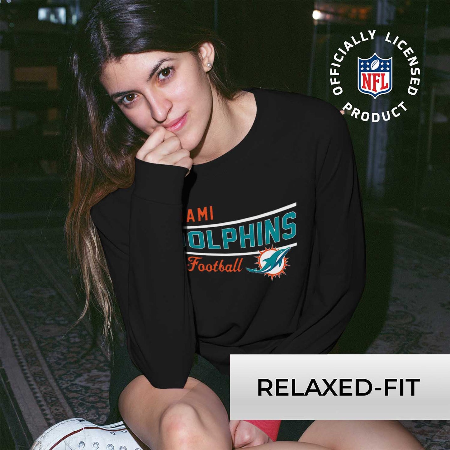 Miami Dolphins NFL Womens Crew Neck Light Weight - Black