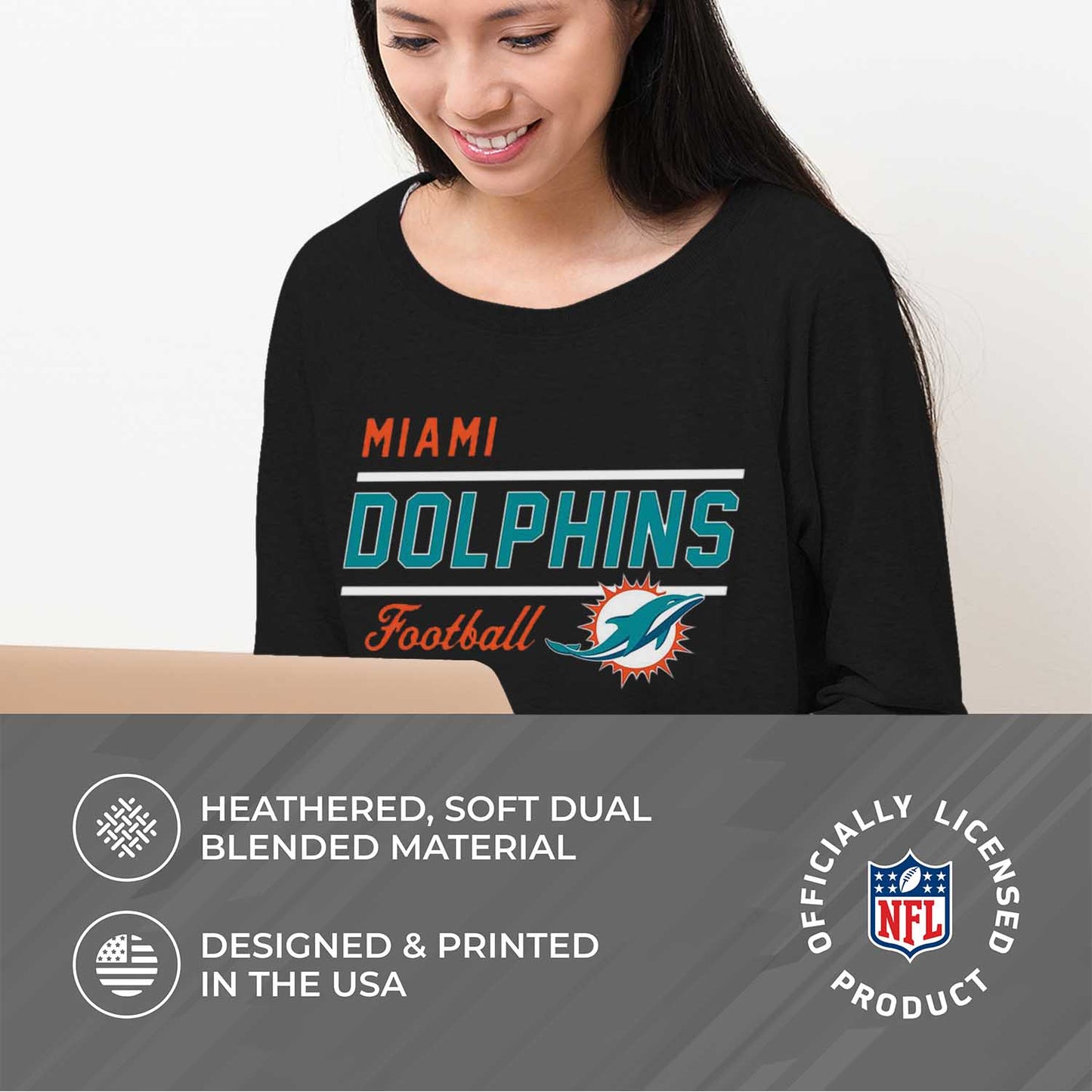 Miami Dolphins NFL Womens Crew Neck Light Weight - Black