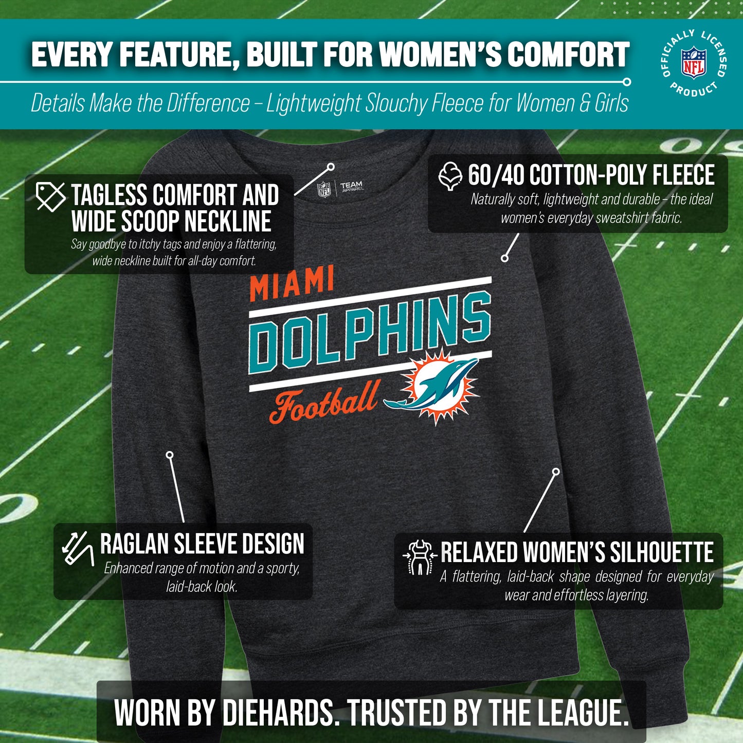 Miami Dolphins NFL Womens Crew Neck Light Weight - Charcoal