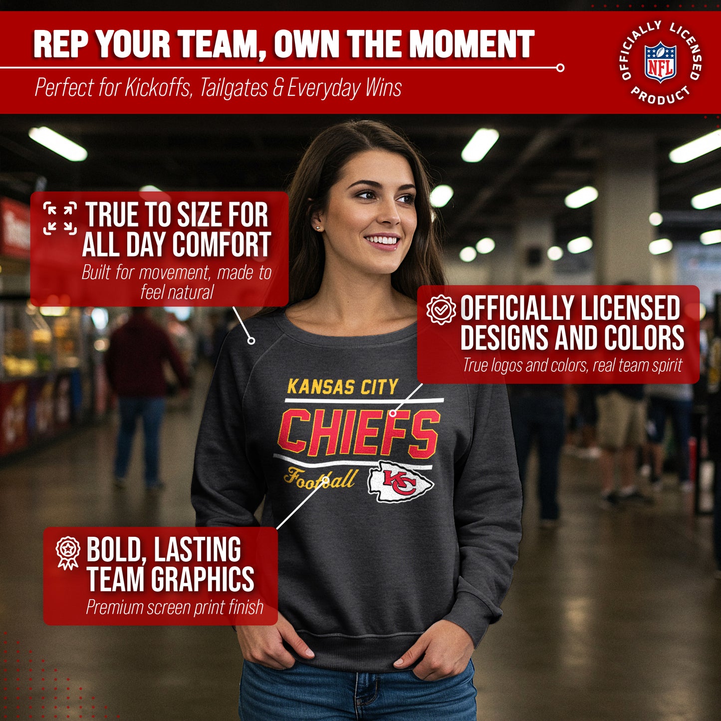 Kansas City Chiefs NFL Womens Crew Neck Light Weight - Charcoal