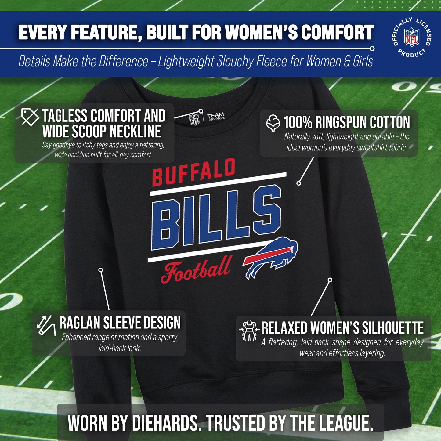 Buffalo Bills NFL Womens Crew Neck Light Weight - Black