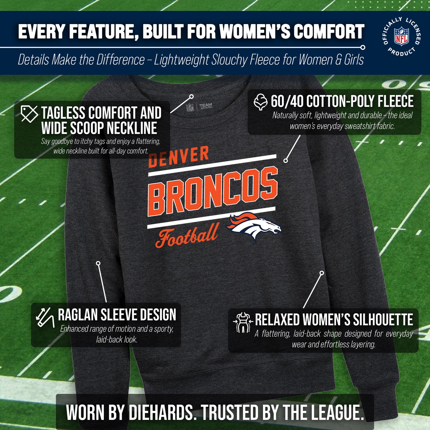 Denver Broncos NFL Womens Crew Neck Light Weight - Heather Charcoal