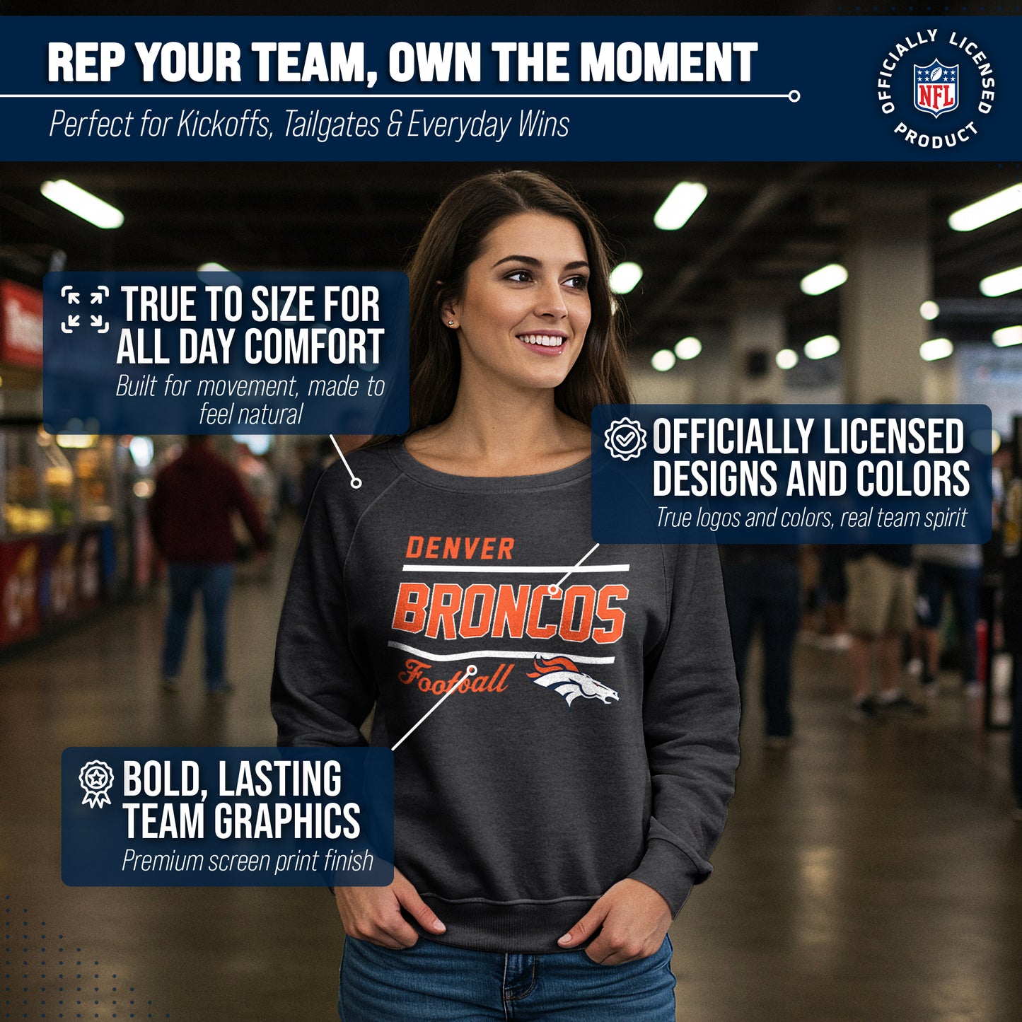 Denver Broncos NFL Womens Crew Neck Light Weight - Heather Charcoal