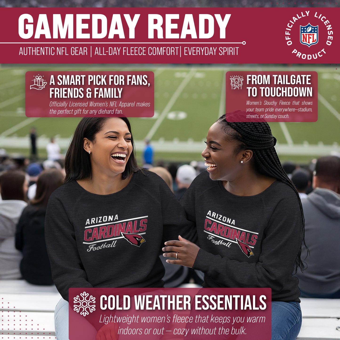 Arizona Cardinals NFL Womens Crew Neck Light Weight - Charcoal