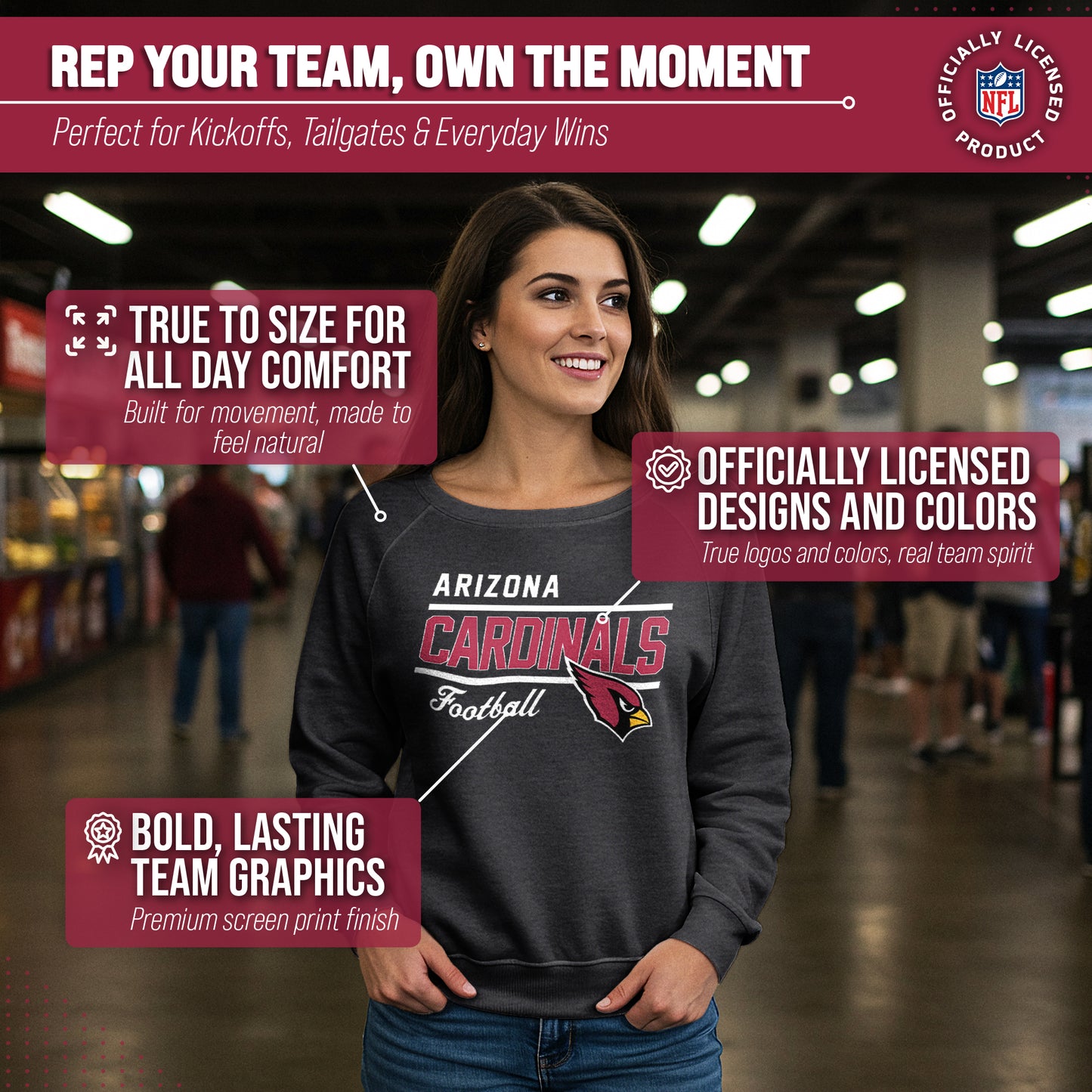 Arizona Cardinals NFL Womens Crew Neck Light Weight - Charcoal